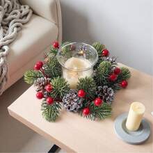 1/2pcs Christmas Decor Ornaments, Artificial Pine Branch Wreath, Desktop Candle Holder, Scented Candle Set, Amber Glass Jar Candle, Wooden Base Candle Holder, Pine Cone Decor, Frosted Pine Cone, Red Berry Decor, Christmas Wreath, Wall Hanging Wreath, Door Hanging Decor, Holiday Tabletop Decor, Living Room Decor, Dining Table Centerpiece, Entryway Decor - C - View 7