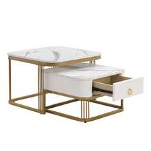 Nestable Coffee Table: High Gloss Marble Exterior, Gold Accents, Side Table With Drawer. Set Of Two - Multicolor - View 5