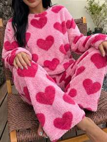 Girls Pink Heart Coral Fleece Pajama Set, Thickened Plush Loose Long Sleeve Home Wear 2 Pieces Set, Autumn/Winter - Hot Pink - View 3