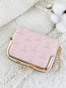 With A Chain Keychain, Fashionable Bow Print Zipper Credit Card Storage Bag With Multiple Compartments, Suitable For Travel - Pink - View 3