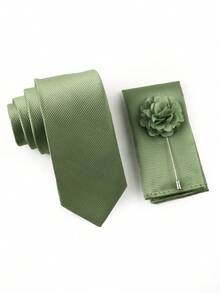 3pcs Men's Green Ribbed Tie Set, 1pc 6cm Tie, 1pc Pocket Square, 1pc Lapel Pin, Suitable For Groom Wedding, Party And Daily Work Wear - Green - View 4
