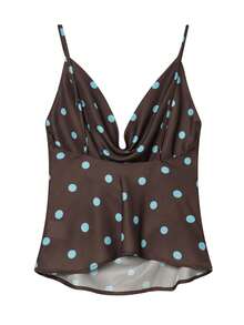 Polka Dot Tank Tops For Women Summer Sleeveless Backless Crop Tops Ruffled Cowl Neck Off The Shoulder Top Elegant Cropped Vest Going Out Tops ﻿ - Coffee Brown - View 7