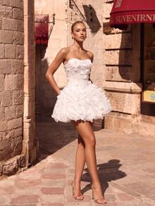 White Woven Embroidered Backless Lace-Up Mini Homecoming Party Dress Wedding - White - View 2