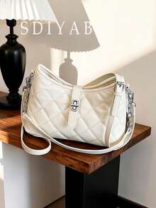 Fashion Classic Clown Solid Color Rhombus Patchwork Design Chain Square Bag Twist Lock Closure Burgundy - Beige - View 2