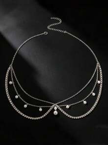 1pc Bohemian Style Rhinestone & Faux Pearl Hair Chain, Handmade Metal Chain Headpiece, Fairy Style Daily Wear Hair Accessory, Suitable For Dating, Bridal And Holiday Party - Silver - View 7