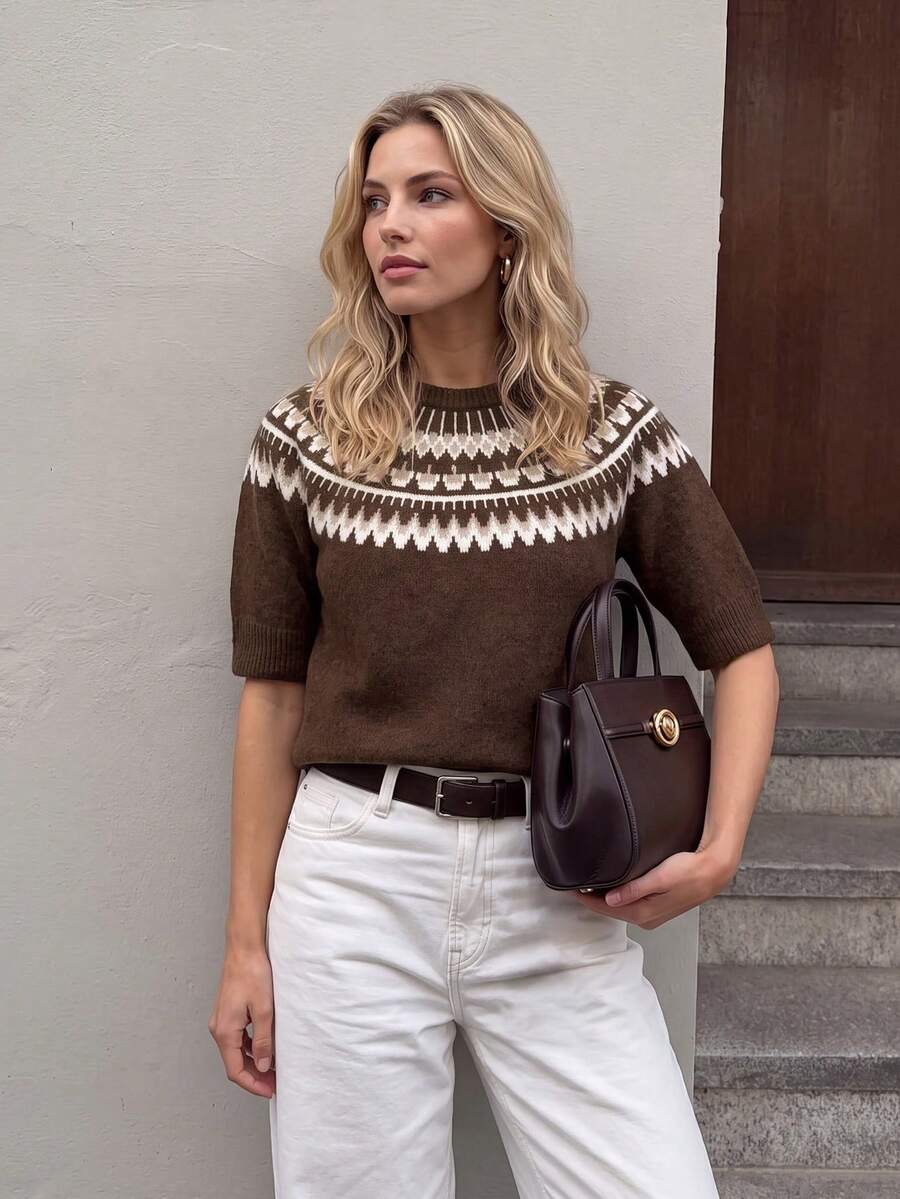 Nicenter Women's Fall Clothes Wool Blend Fair Isle Pattern Knit Crew Neck Half Sleeve Regular Pullover Sweater Women Daily Casual Outfit - Coffee Brown - View 1