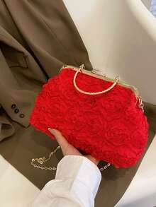Dedoo 3D Rose Oval Hard Frame Clutch, Rhinestone Kiss Lock, Detachable Chain, Sweet Romantic Women's Handbag, Suitable For Bride Formal Occasions (Random Floral Pattern) - Red - View 5