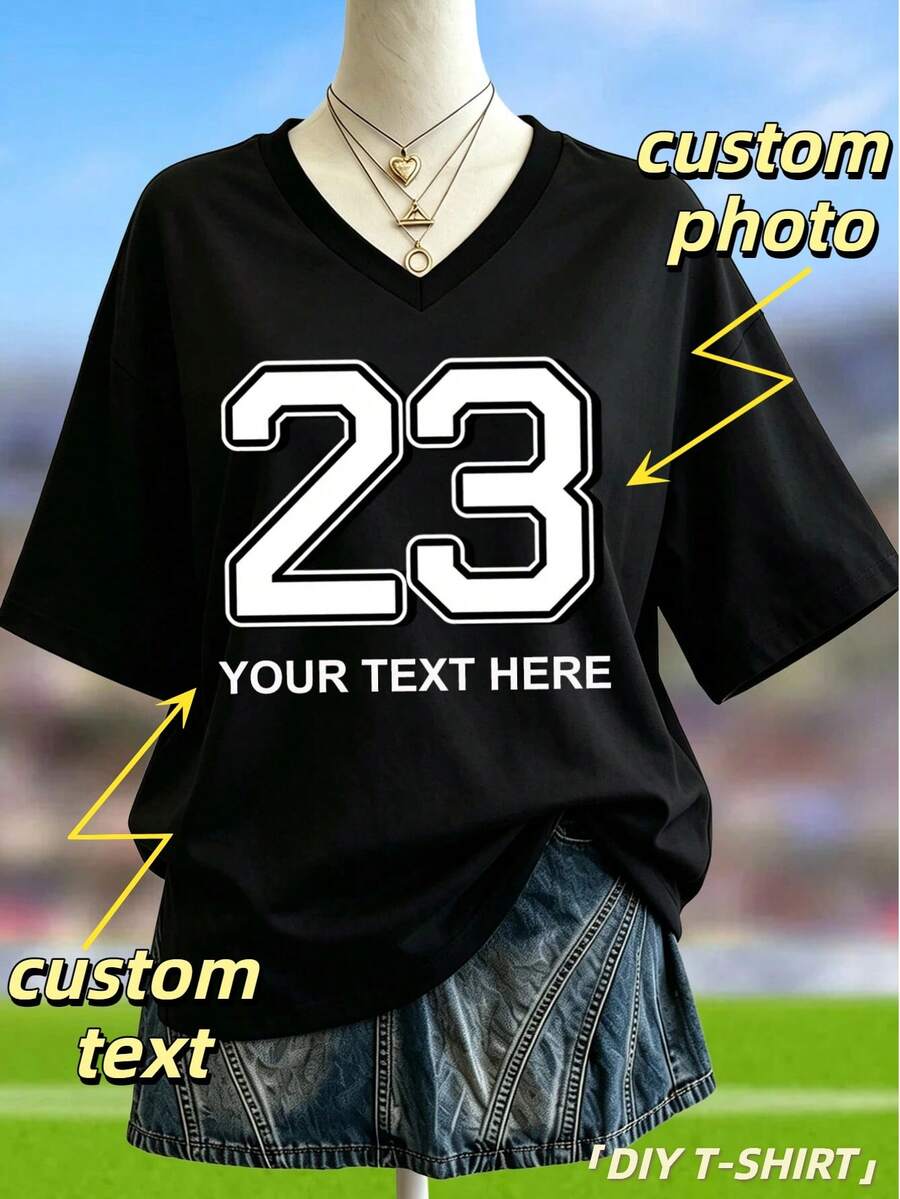 Custom Oversized V Neck Tee With Varsity Graphic, T-Shirt. Customize Your Unique Lucky Number & Custom Text, Add Exclusive Words Black - Black - View 1