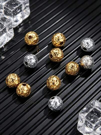 10pcs Stainless Steel Round Matte Textured Beads, Suitable For DIY Necklace, Bracelet And Other Jewelry Making