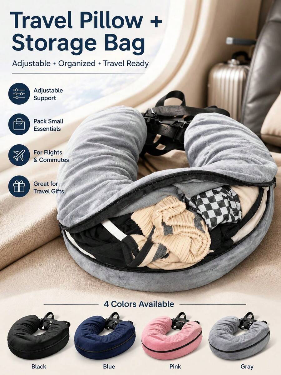 Almohada de cuello en forma de U ajustable para viajes, diseño ancho y cómodo, con cremallera conveniente, portátil, adecuada para coche, tren, oficina y avión, ideal para vuelos de larga distancia - multicolor - Ver 1