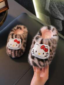 Hello Kitty Girls' Plush Leopard Print Kitty Slippers, New Thick Soft Warm Closed-Toe House Shoes For Autumn/Winter - Grey - View 3
