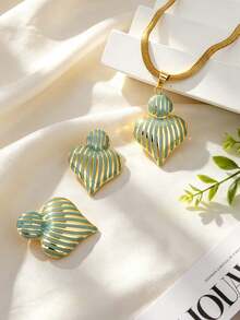 304 Stainless Steel Striped Oil Drop Double Heart Pendant Snake Chain Necklace, Hypoallergenic Non-Fading Vintage Women's Daily Beach Accessory, Valentine's Day Gift. - Multicolor - View 12