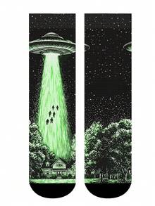 Cool 360° Printed Men's Socks - Streetwear Socks,UFO Spaceship,Alien Flying Saucer Graphic,Colorful,Funny Socks, Fit Daily, Holiday & Party Occasions - Black - View 7
