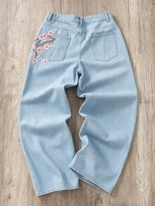 Teen Boy Fashion Brand Plum Blossom Embroidered Streetwear Denim Jeans - Light Wash - View 2