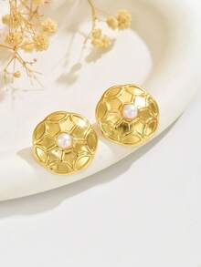 VceTd 1 Pair Fashion Football Pattern Plastic Shaped Stainless Steel Women's Stud Earrings, Suitable For Daily Wear And Commuting, Jewelry Gift For Friends - Yellow Gold - View 5