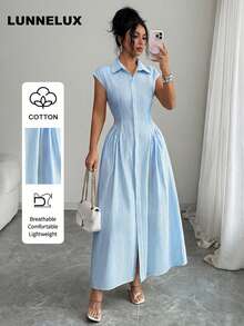 LUNNELUX Autumn Blue Pure Cotton Fine Striped Shirt Collar Short Sleeve Waist-Cinching Front Slit Long Dress, Elegant And Versatile, Suitable For Summer Back To School Season - Sky Blue - View 2