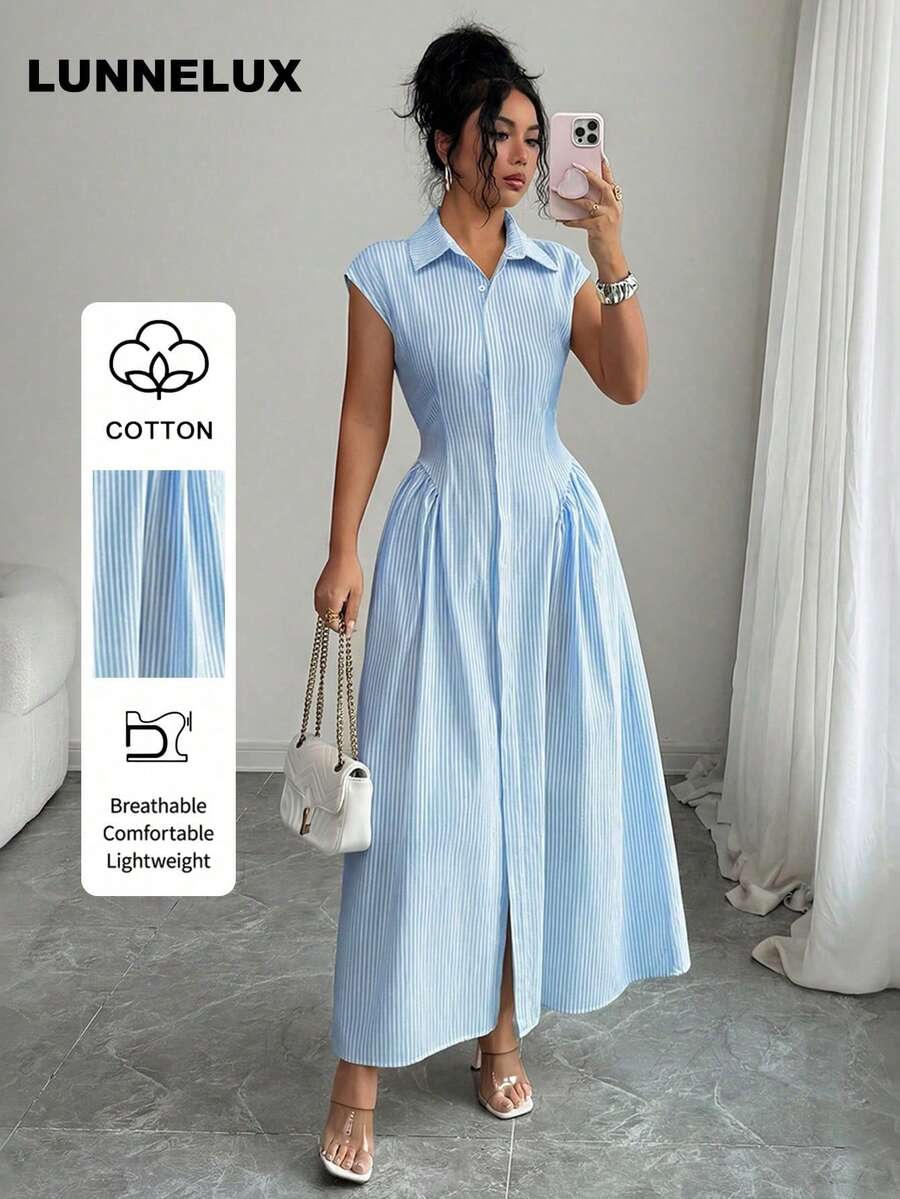 LUNNELUX Autumn Blue Pure Cotton Fine Striped Shirt Collar Short Sleeve Waist-Cinching Front Slit Long Dress, Elegant And Versatile, Suitable For Summer Back To School Season
