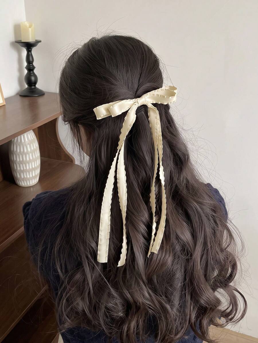 1pc Beige Satin Wavy Bow Hair Clip Simple Fashion Suitable For Women's Daily Decoration Commuting Vacation Use Wearing Duckbill Clip Hair Accessory - Beige - View 1