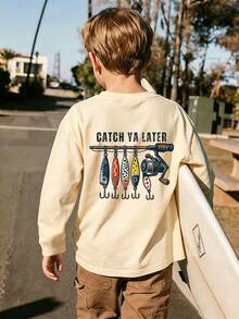 Tween Boy Casual Fun Graphic Print Crew Neck Pullover Long Sleeve T-Shirt, Autumn/Winter Top - Apricot - View 1