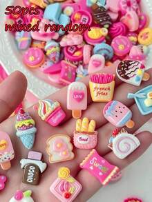 50 pezzi Charms 3D per arte di unghie a forma di torta dolce, mix di dessert rosa e caramelle in resina con strass, decorazioni kawaii carine per unghie, accessori fai-da-te per manicure, stile casuale - Multicolore - Visualizzare 2