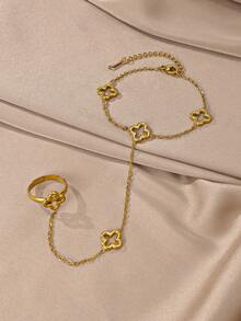 18K Gold Plated Stainless Steel Minimalist Finger Chain, Elegant Mother's Gift, Suitable For Daily, Party, Formal Occasions, Adjustable Finger Jewelry For Women, Suitable For Dating, Vacation, Anniversary, Birthday Gift, Women's Fashion Accessory - Gold - View 3