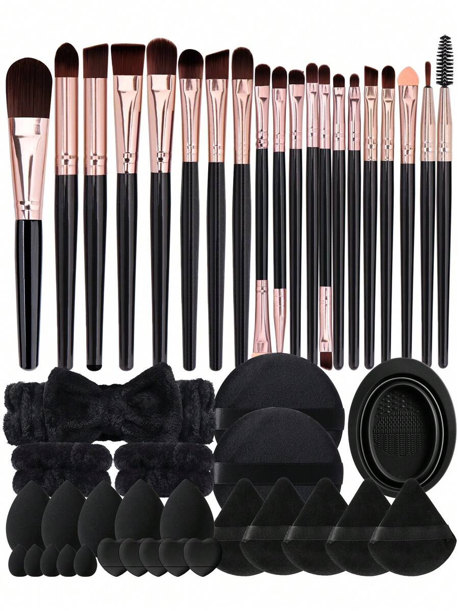 3/5/21/46pcs Multi-Size Makeup Tool Set, 20pcs Makeup Brushes With Makeup Sponge, Powder Puff, Headband And Brush Cleaner, All-In-One Makeup Set - Black - View 1