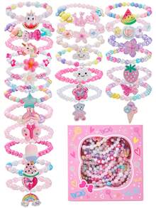 24PCS Girls Cute Butterfly Flower Heart Charm Bracelets, Multicolor Beaded Children Jewelry Bracelet Gift Box Set, Suitable For Holiday Party Birthday Gift, All Seasons, Random Colors - Multicolor - View 2