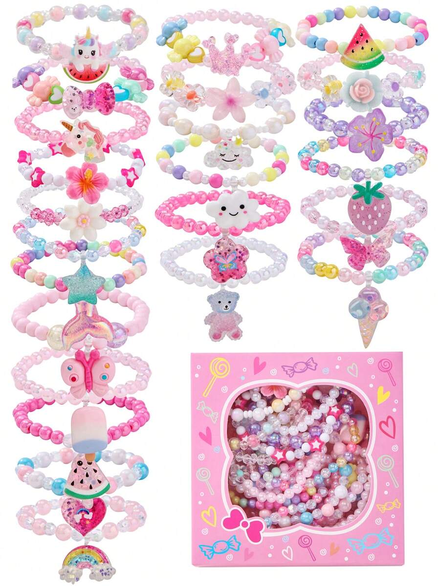 24PCS Girls Cute Butterfly Flower Heart Charm Bracelets, Multicolor Beaded Children Jewelry Bracelet Gift Box Set, Suitable For Holiday Party Birthday Gift, All Seasons, Random Colors
