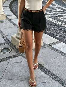 Women's Elegant Straight-Leg Woven Shorts, Lace Trim Hem, Slim Fit, Slightly Stretchy, Preppy Short Design, No Belt Black Summer - Black - View 1