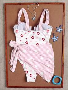 Women's Light Blue Floral Plaid Spaghetti Strap Swimsuit, Sweet Girl Beach Vacation Style Two Pieces Bikini Set, Spring/Summer 2026 - Multicolor - View 2