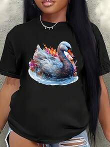 Leichtes und strapazierfähiges Kurzarm-T-Shirt mit Schwan- und Blumenmuster, ideal für Freizeitausflüge, Zuhause, Outdoor-Aktivitäten oder zum Essen, erhältlich in bequemen Passformen. - Schwarz - Übersicht 5