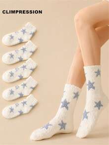 CLIMPRESSION 1/3/5 paires de chaussettes mi-mollet pour femmes, motif étoile, en polaire corail moelleux, douces, chaudes et confortables, pour l'automne/l'hiver, à porter à la maison et pour dormir - Blanc - Voir 10