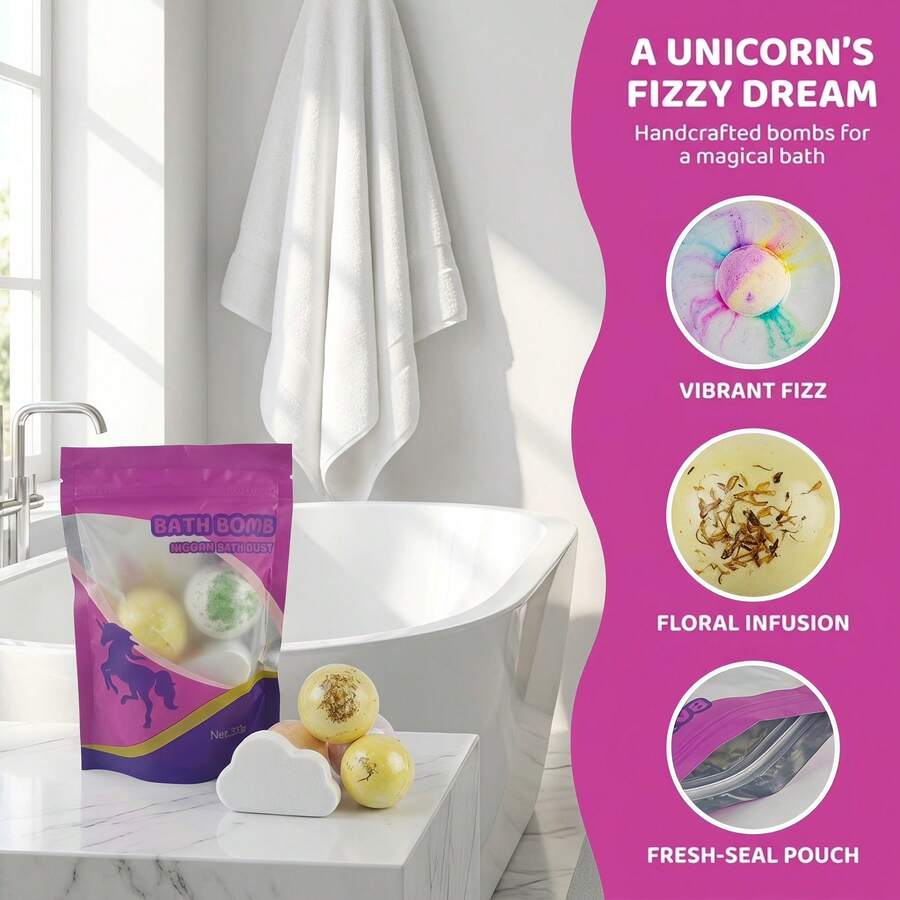 SADOER 1 Bag Surprise Unicorn Bath Bombs (300g) - Random Assorted Handmade Bath Bombs With Essential Oils, Fun Fizzy Spa Bath Bomb Set In Resealable Bag For Birthday Gifts - Random Style - View 1