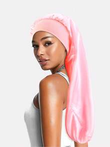 2pcs Women's Elastic Ribbon Satin Long Bonnet Hair Cap, Hair Protection Cap, Long Hair Head Wrap Suitable For Daily Use - Black/Rose Red - View 11