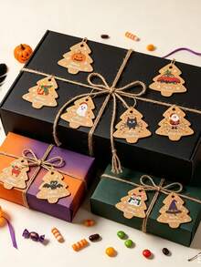 Vintage Christmas Tree Shaped Slogan Pattern Gift Tags With Rope, Santa Claus And Snowman Pattern Paper Gift Decoration Labels, Suitable For Christmas Party Gifts, Christmas - Multicolor - View 1