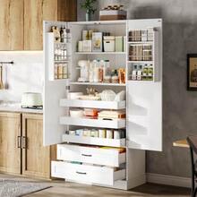 Kitchen Cabinet With 3 Pull-Out Shelves, Drawers, And Double-Door Tall Cabinet With Door Shelves For Kitchen, Dining Room & Living Room - 白色 - 查看 12