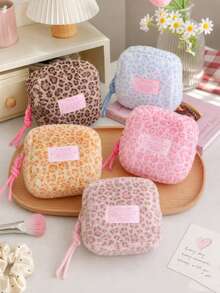 Leopard Print Fluffy Plush Mini Storage Pouch, Portable Zipper Sanitary Napkin Cosmetic Lipstick Organizer Bag, Makeup Coin Purse For Daily Travel Use - Multicolor - View 3