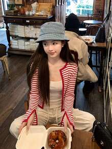 Cardigan Manis Bergaris Y2K dengan Trim Kontras, Rajutan Berusuk, Lengan Panjang, Manset Berbelah, Potongan Ramping, Atasan Sweater Pendek untuk Wanita Warna Merah Musim Gugur - Merah - View 2