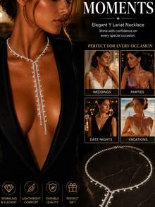 STONEFANS 1pc Women's Silver Rhinestone Y-Shaped Dangle Necklace, Double Tassel Long Crystal Fringe Chest Chain, Elegant Sparkling Personalized Neck Decor, Suitable For Wedding, Ball, Party - Silver - View 2