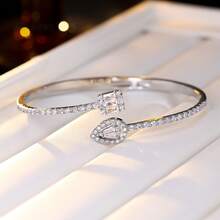 1 Set Cold White Silver Square Diamond & Teardrop Diamond Double Stone Open Bangle & Ring 2 Pieces Set, Luxury Full Zirconia Bracelet, Versatile Evening Dress Jewelry Set For Women - Bracelet Ring Set - View 3