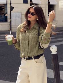 VIBEWAVE French Vintage Olive Green Fine Check Collar Long Sleeve Shirt Women Spring Autumn Commute Travel Loose Versatile - Olive Green - View 6