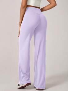 1pc Women's Simple Elastic High Waist V-Shaped Hip Design Long Pants, Butt-Lifting Straight Leg Purple Wide Leg Pants, Versatile Yoga Pants Fall - Lilac Purple - View 6