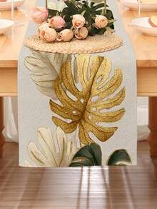 1pc Elegant Gold Tropical Monstera Leaf Print Table Runner, Summer New Modern Luxury Style Polyester Printed Long Tablecloth, Original Design Exquisite Texture, Rectangular Dining Table Decor Cloth, Home Decoration - Gold - View 5