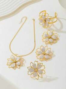 Hegaze 1 Set Elegant Floral Design Necklace, Earrings, Bracelet, Ring Jewelry Set - Multicolor - View 4