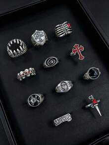 11pcs Gothic Men's Ring Set Punk Hip Hop Multi-Piece Finger Rings Party Vacation Daily Wear Fashion Jewelry Gift Unisex - Silver - View 7