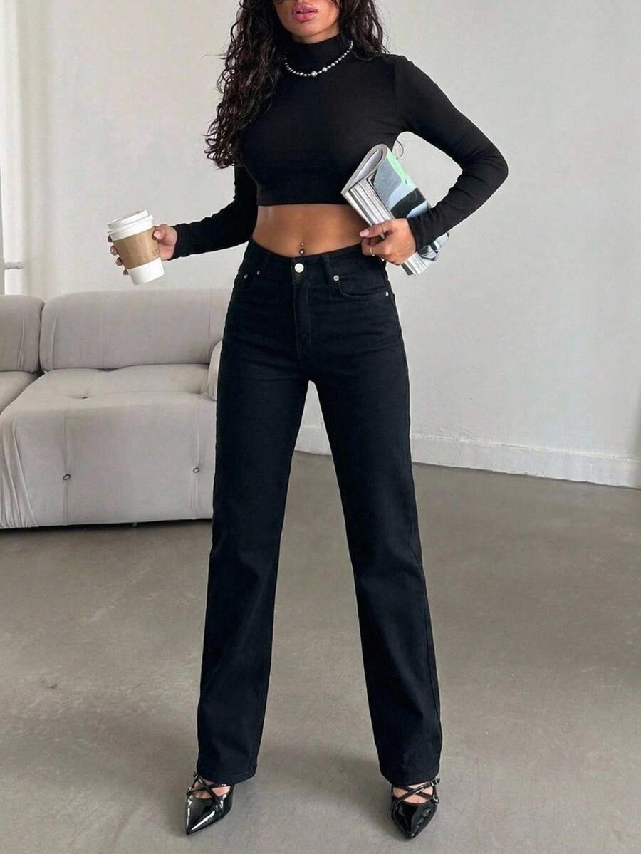 Wide Leg High-Waisted Palazzo Stretch Denim Pants - Black - View 1