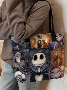 Disney Halloween-Themed Portable Vintage Cartoon Skeleton Jack And Sally Collage Print Handbag, Suitable For Girls And Women - Black - View 4
