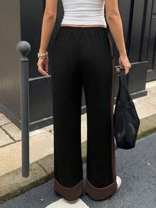 Women's Autumn Colorblock Patchwork Wide Leg Pants, Vacation Street Casual Long Pants, Back To School Autumn Outfit - Brown - View 5