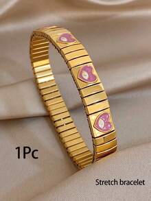 1Pc/Set Golden Stainless Steel Retro Evil Eye Heart Enamel Charm Stretch Bangle Bracelet For Women,Y2K,Daily/Boho/Party,Christmas, Valentine Birthday - Multicolor - View 12