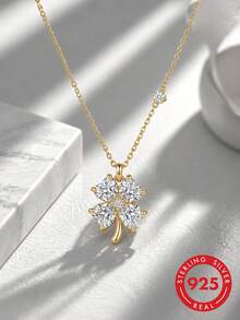 Collana in argento sterling S925 con moissanite a forma di trifoglio e catena laterale, singolo accento di diamante, catena clavicolare patchwork a forma di cuore portafortuna, regalo raffinato - Multicolore - Visualizzare 3